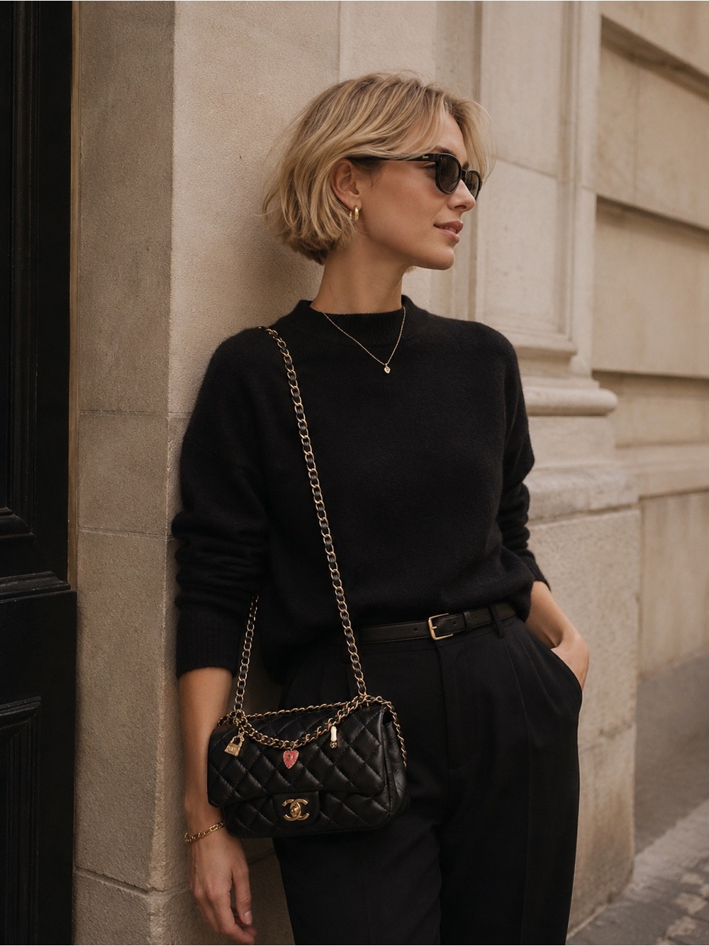Black Quilted Charm Shoulder Bag with Gold Hardware